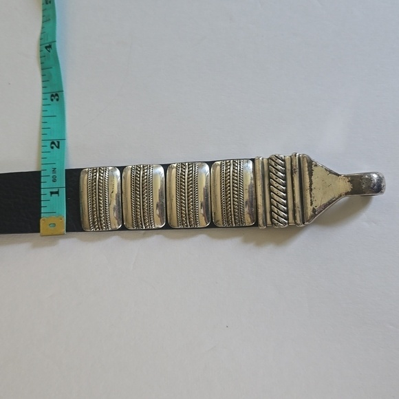 Chico's Womens Black leather Belt Silver Square Pieces Hook loop Closure Sz.42 - Picture 9 of 16